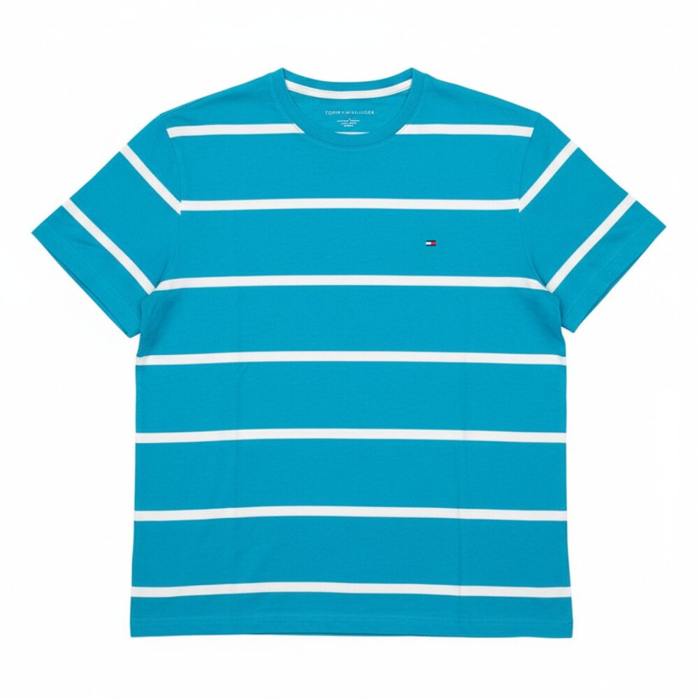 Tommy Hilfiger Sz L Turquoise Blue T-Shirt w/White Stripes L/L Round Neckline